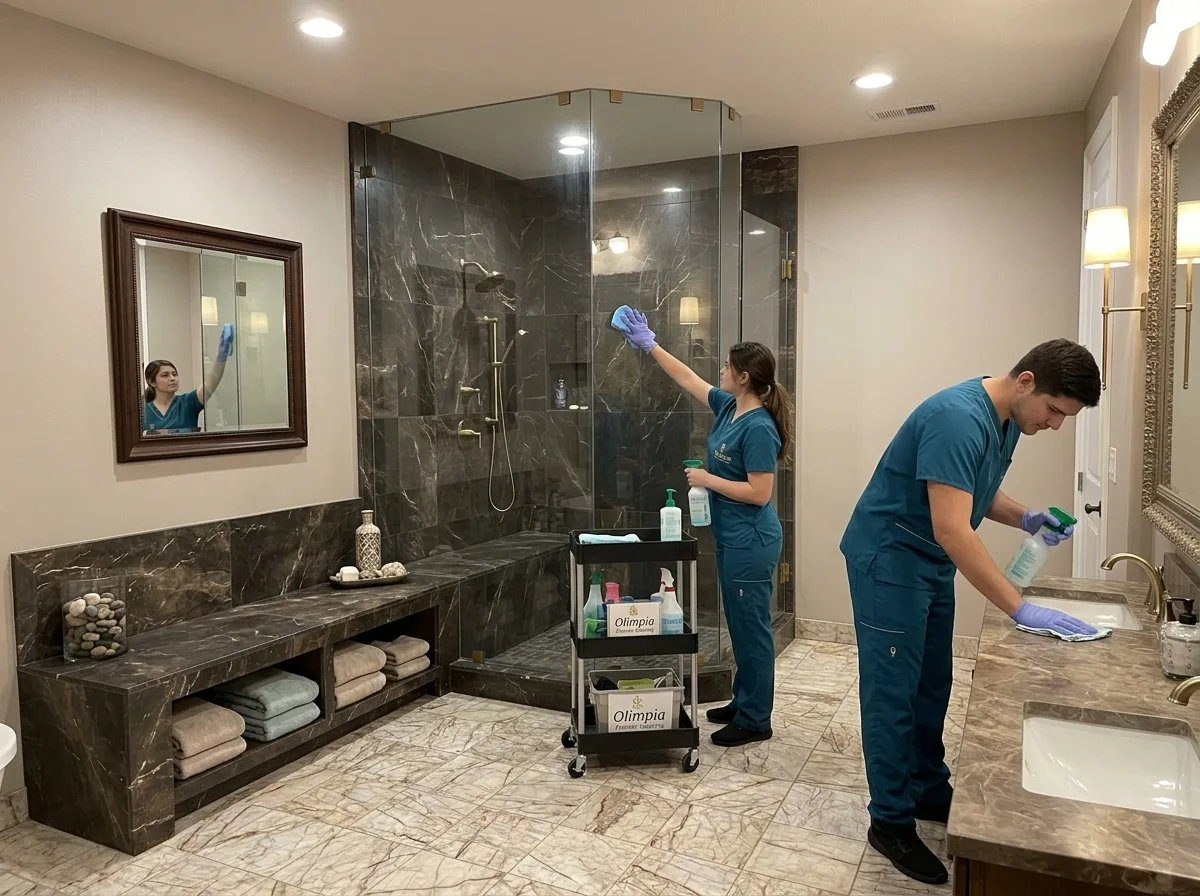 Two Olimpia cleaners detailing a marble bathroom and its glass shower
