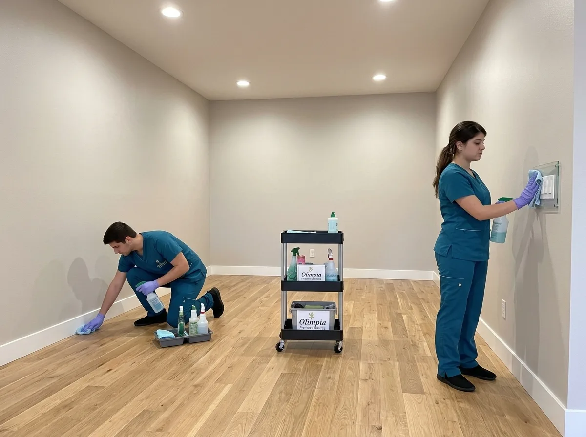 Olimpia cleaners wiping walls and baseboards in an empty room before move-in