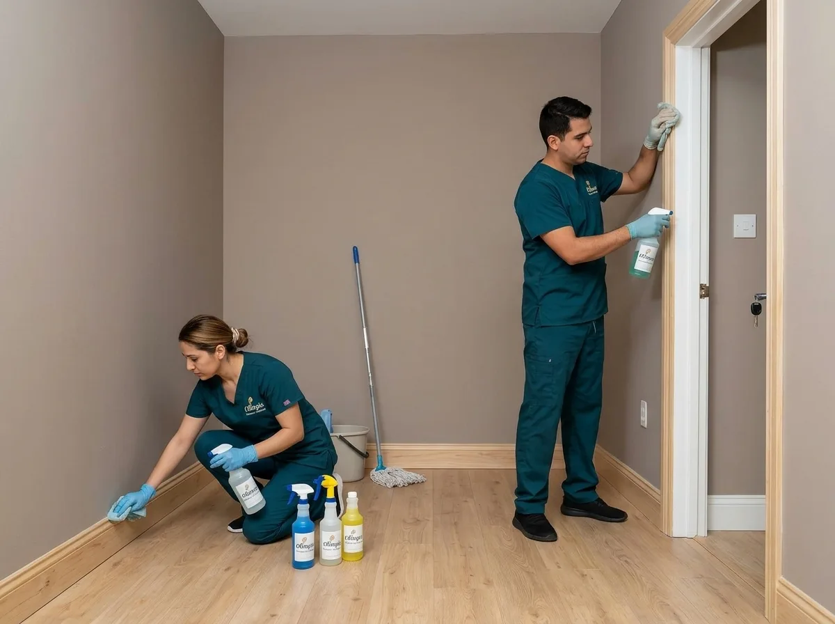 Two Olimpia cleaners in teal uniforms wiping a baseboard and a door frame