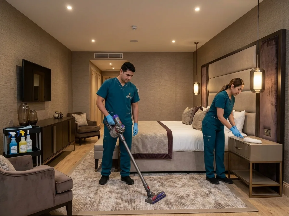 Olimpia cleaners vacuuming and turning down the bed in a hotel-style bedroom